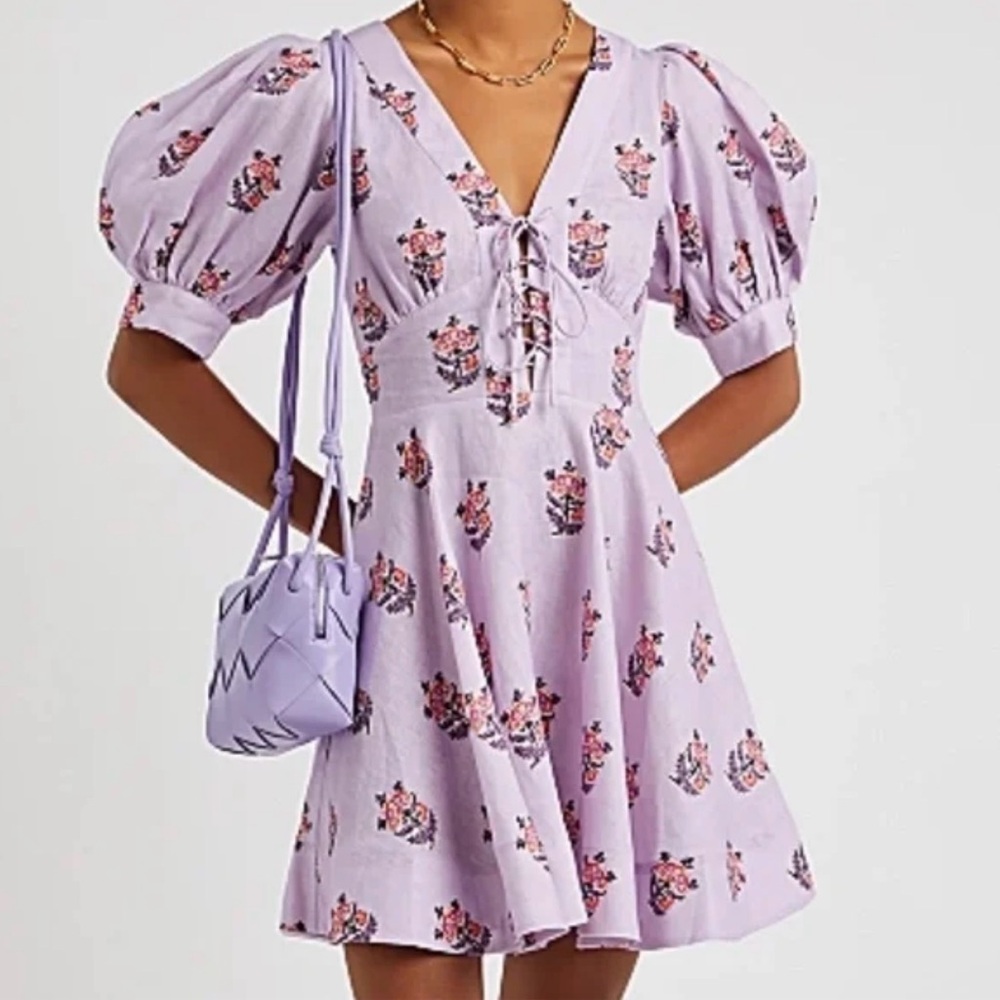 Rhode Zoya Linen Mini Dress Lavender Floral Puff Sleeve‎ Lace-Up 2